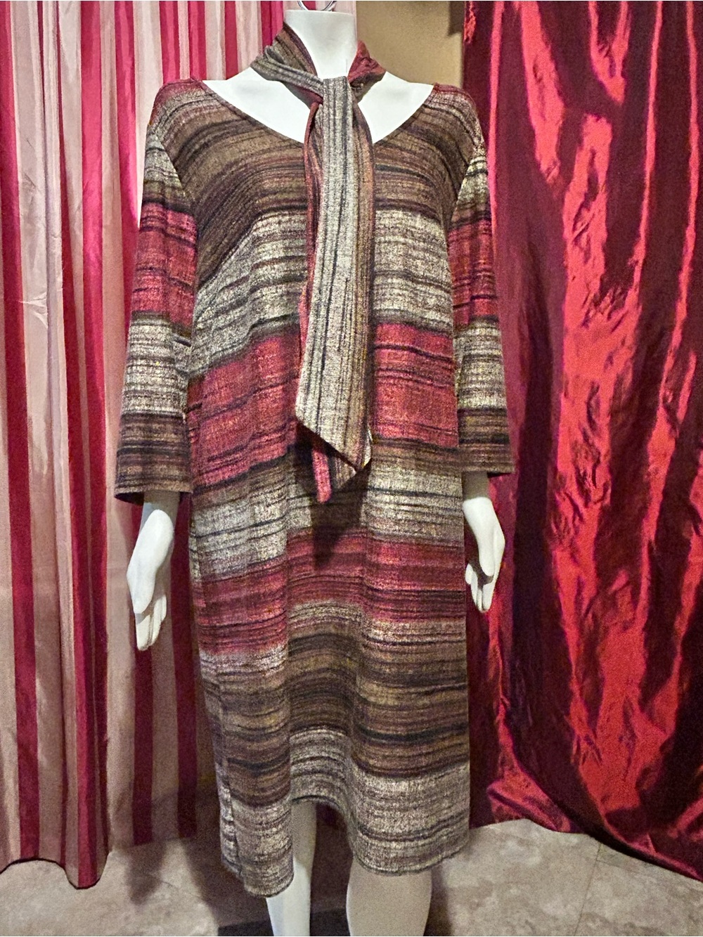 Avenue Striped V-Neck Sweater Dress with Scarf - Red, Brown, Cream